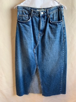 TOPSHOP, Denim Blue, Cotton, Solid, Faded, Long Jean Skirt, Slightly Faded Blue, 5 Pockets, Zip Fly, Belt Loops, Cut Out V on the Bottom Front of Skirt,