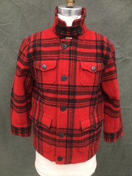Childrens, Coat, RALPH LAUREN, Red, Black, Wool, Nylon, Plaid, 7, Zip/Button Front, Collar Attached, Detachable Tab at Neck, 4 Flap Pockets, Long Sleeves, Button Cuff, Doubles