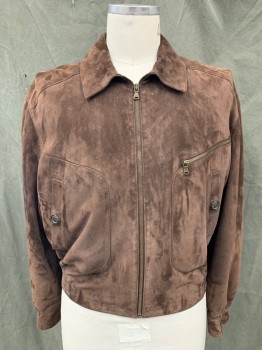 Mens, Leather Jacket, FENDI, Dk Brown, Suede, Solid, 42, Zip Front, Collar Attached, 3 Pockets, Smocked Elastic Waistband, Button Cuff,