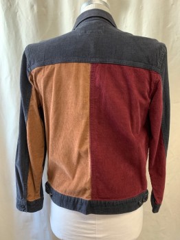 BARNEYS COOL, Charcoal Gray, Lt Brown, Brown, Cotton, Color Blocking, Corduroy, Collar Attached, Button Front, Long Sleeves, 4 Pockets