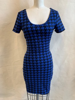 MATERIAL GIRL, Royal Blue, Black, Polyester, Spandex, Houndstooth, Scoop Neck, Short Sleeves, Stretch, Open Back with Bow Tie Straps Across