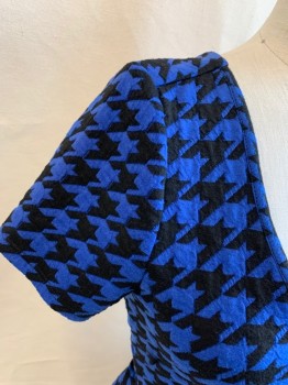 MATERIAL GIRL, Royal Blue, Black, Polyester, Spandex, Houndstooth, Scoop Neck, Short Sleeves, Stretch, Open Back with Bow Tie Straps Across