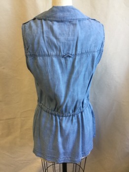 SANCTUARY, Lt Blue, Cotton, Heathered, Long Vest, Light Blue Chambray, Notched Lapel, 1 Large Snap Front, Epaulettes with 1 Silver Button, 5, 4 Pockets, Self D-string Waist