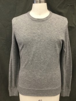 THE MEN'S STORE, Lt Gray, Wool, Heathered, Ribbed Knit Crew neck, Long Sleeves, Back Lower Sleeve Lighter Gray, Ribbed Knit Cuff/Waistband