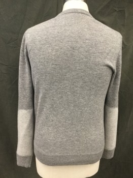 THE MEN'S STORE, Lt Gray, Wool, Heathered, Ribbed Knit Crew neck, Long Sleeves, Back Lower Sleeve Lighter Gray, Ribbed Knit Cuff/Waistband