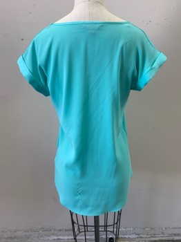 Womens, Blouse, EXPRESS , Aqua Blue, Polyester, Spandex, Solid, XS, V-neck, Pullover, Cap Sleeve