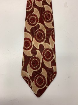 Mens, Tie, N/L, Brown, Red, Beige, Black, Silk, Four in One, Circles with Shark Fin Like Shape, and Wavy Lines in Middle of Circles