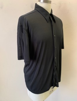 Mens, Club Shirt, BCBG, Black, Polyester, Solid, L, Sheer/See Through Net, Stretchy, Short Sleeves, Button Front, Collar Attached