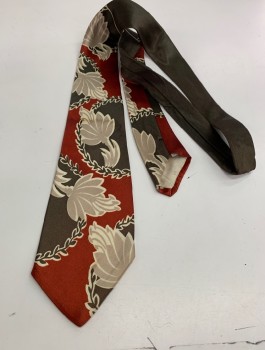 Mens, Tie, N/L, Brown, Dk Red, Taupe, Cream, Silk, Leaves/Vines , Abstract , Satin, Pattern Includes Circles of Leaves, Abstract Taupe Flowers, 2.5" Wide at Base, Four in Hand
