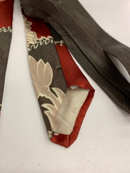 Mens, Tie, N/L, Brown, Dk Red, Taupe, Cream, Silk, Leaves/Vines , Abstract , Satin, Pattern Includes Circles of Leaves, Abstract Taupe Flowers, 2.5" Wide at Base, Four in Hand