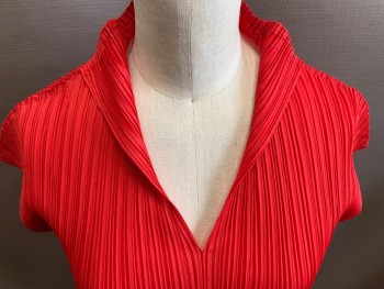 N/L, Red, Polyester, Solid, Sleeveless, V-neck, Permanent Pleating