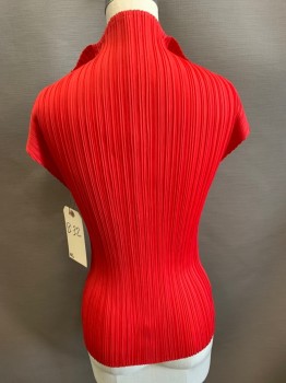 N/L, Red, Polyester, Solid, Sleeveless, V-neck, Permanent Pleating