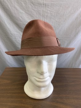 Mens, Fedora, GOLDEN GATE HAT CO, Brown, Wool, Solid, 7 1/4, L, Sz 8, Wool Felt, Brown Grosgrain Hat Band and Bow, Lined, Retro Could Be Used in 1940s