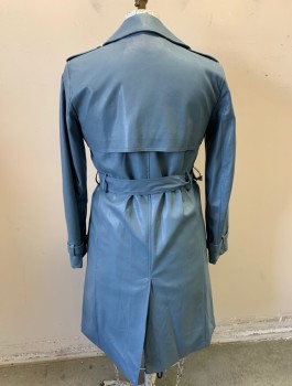 APPARIS, Slate Blue, Faux Leather, Solid, Double Breasted, White Buttons, Notch Collar, Epaulettes at Shoulders, 2 Pockets at Hips, Belt Loops, **With Matching Belt with White Buckle