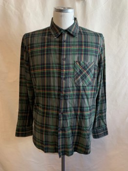 Mens, Casual Shirt, RAG & BONE, Olive Green, Kelly Green, Orange, Black, Cotton, Polyamide, Plaid, L, Collar Attached, Button Front, Long Sleeves, 1 Pocket