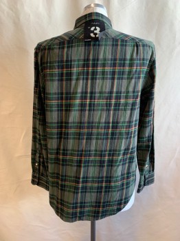 Mens, Casual Shirt, RAG & BONE, Olive Green, Kelly Green, Orange, Black, Cotton, Polyamide, Plaid, L, Collar Attached, Button Front, Long Sleeves, 1 Pocket