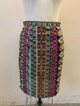 Womens, Skirt, Knee Length, ANTHROPOLOGIE, Multi-color, Black, Magenta Pink, Mint Green, Yellow, Polyester, Rayon, Geometric, Stripes - Vertical , Sz.2, Busy Embroidered Pattern on Sheer Black Chiffon, Black Rayon Opaque Underlayer, Straight Fit, 1" Wide Waistband, Invisible Zipper in Back