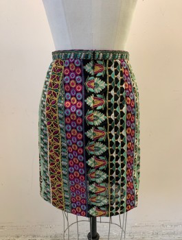 Womens, Skirt, Knee Length, ANTHROPOLOGIE, Multi-color, Black, Magenta Pink, Mint Green, Yellow, Polyester, Rayon, Geometric, Stripes - Vertical , Sz.2, Busy Embroidered Pattern on Sheer Black Chiffon, Black Rayon Opaque Underlayer, Straight Fit, 1" Wide Waistband, Invisible Zipper in Back