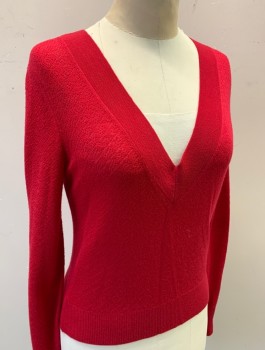 ELIZABETH AND JAMES, Cranberry Red, Wool, Solid, Lightweight Knit with Self Grid/Dot Texture, Deep V-neck, Long Sleeves, Slightly Cropped Length