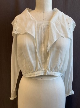 Womens, Blouse 1890s-1910s, N/L, White, Cotton, Solid, W 34, B 38, Eyelet Sailor Collar with Lace Trim, Off Center Button Front, Pin Tuck Pleat Center Front Panel with Criss Cross Embroidery, Tiny Pleats at Waistband, Long Sleeves, Turned Back Cuff with Embroidery with Button Loop