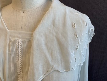 Womens, Blouse 1890s-1910s, N/L, White, Cotton, Solid, W 34, B 38, Eyelet Sailor Collar with Lace Trim, Off Center Button Front, Pin Tuck Pleat Center Front Panel with Criss Cross Embroidery, Tiny Pleats at Waistband, Long Sleeves, Turned Back Cuff with Embroidery with Button Loop