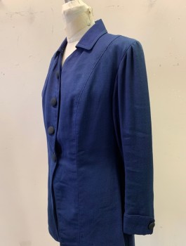 Womens, Coat 1890s-1910s, N/L, Navy Blue, Wool, Solid, B:36, Ribbed Twill Weave, 4 Black Fabric Covered Buttons, Collar Attached, Puffy Sleeves Gathered at Shoulders, Cuffed Wrists with 1 Button Accent, Below Hip Length, Vented Back,