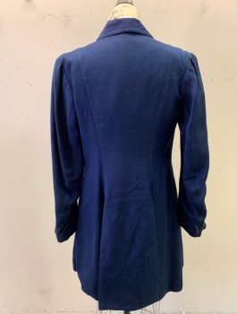Womens, Coat 1890s-1910s, N/L, Navy Blue, Wool, Solid, B:36, Ribbed Twill Weave, 4 Black Fabric Covered Buttons, Collar Attached, Puffy Sleeves Gathered at Shoulders, Cuffed Wrists with 1 Button Accent, Below Hip Length, Vented Back,