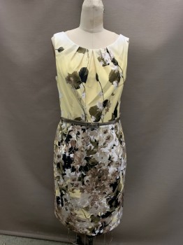 CLEO, Lt Yellow, Black, Sage Green, White, Polyester, Spandex, Floral, Pleated Round Neck, 2 Pockets, Zip Back, with Gold Belt,