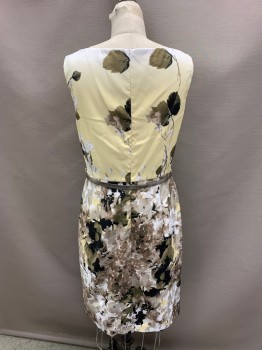 CLEO, Lt Yellow, Black, Sage Green, White, Polyester, Spandex, Floral, Pleated Round Neck, 2 Pockets, Zip Back, with Gold Belt,