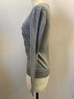 VICTOR ROFF, Gray, Wool, Solid, Long Sleeves, Odd Tucks Center Front, Crew Neck,