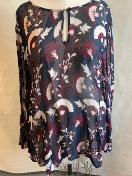 LANDS' END, Royal Blue, Wine Red, Lt Pink, Off White, Polyester, Floral, Chiffon See Through, Key Hole Neckline, Button Closure, Long Sleeve