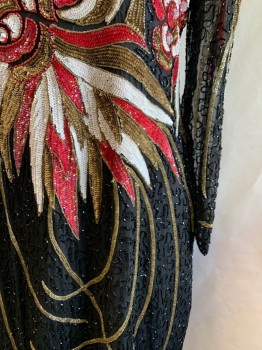 ANJUMIN, Black, Yellow, Pink, White, Gold, Silk, Abstract , Beaded and Sequinned Chiffon, Round Neck, Round Keyhole at Neck, Sheer Long Sleeves, Zip Back, Keyhole Back with Hook & Eyes at Back Neck, Long