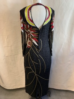 ANJUMIN, Black, Yellow, Pink, White, Gold, Silk, Abstract , Beaded and Sequinned Chiffon, Round Neck, Round Keyhole at Neck, Sheer Long Sleeves, Zip Back, Keyhole Back with Hook & Eyes at Back Neck, Long