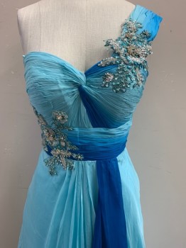 Womens, Evening Gown, EVENINGS BY ALLURE, Sky Blue, Blue, Polyester, Elastane, Ombre, W:24, B:32, Sweetheart Neckline, One Shoulder, Ruched Bodice, Embroidered, Beaded, & Rhinestone Floral on Shoulder Strap & Waist, Horizontal Pleating at Waist for Sash Look with Blue Piece Draping Over Skirt, Zip Side, Comes with Thin Tulle Shawl