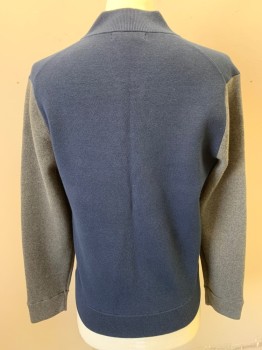 Mens, Cardigan Sweater, BANANA REPUBLIC, Navy Blue, Gray, Cotton, Nylon, Color Blocking, M, Navy Bodice, Gray Sleeves, Zip Front, 2 Side Zip Pockets, Knit