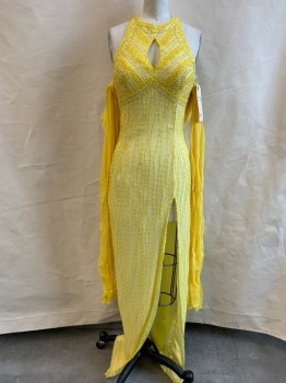 NL, Yellow, Synthetic, Beaded, Solid, Beaded, Jewel Neckline with Keyhole, High Side Slit, Yellow Shawl Attached, Zip Back