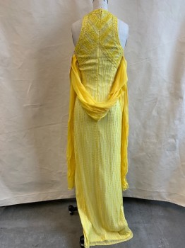 NL, Yellow, Synthetic, Beaded, Solid, Beaded, Jewel Neckline with Keyhole, High Side Slit, Yellow Shawl Attached, Zip Back