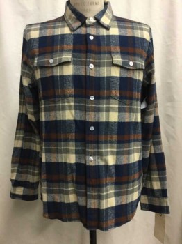 HUF, Navy Blue, Beige, Brown, Cotton, Plaid, Navy/beige/brown Plaid, Button Front, Collar Attached, Long Sleeves, 2 Flap Pockets