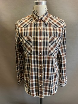 Mens, Western, LUCKY BRAND, Brown, Black, White, Beige, Cotton, Plaid, M, Collar Attached, Snap Front, Long Sleeves, 2 Pockets