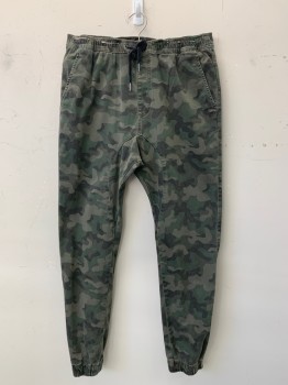 Zanerobe, Olive Green, Dk Olive Grn, Cotton, Camouflage, Flat Front, Elastic Waist Band with D String, Side Pockets, Scrunched Ankle Band