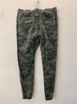 Zanerobe, Olive Green, Dk Olive Grn, Cotton, Camouflage, Flat Front, Elastic Waist Band with D String, Side Pockets, Scrunched Ankle Band