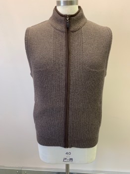 Mens, Sweater Vest, LL BEAN, Taupe, Wool, M, Knit, Mock Neck, Zip Front, 2 Pockets