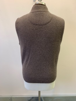 Mens, Sweater Vest, LL BEAN, Taupe, Wool, M, Knit, Mock Neck, Zip Front, 2 Pockets