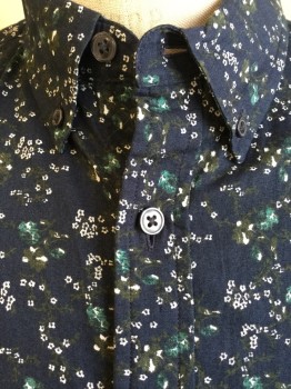 CLUB MONACO, Navy Blue, Olive Green, Teal Green, Off White, Cotton, Floral, Collar Attached, Button Down, Button Front, 1 Pocket, Long Sleeves,