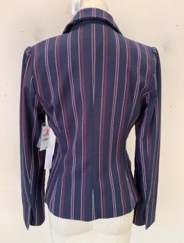 CHELSEA 28, Navy Blue, Red Burgundy, White, Polyester, Rayon, Stripes - Vertical , Single Breasted, 1 Button, Peaked Lapel, Puffy Gathered Sleeves, 2 Flap Pockets at Hips, Fitted