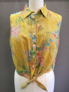 RALPH LAUREN, Turmeric Yellow, Turquoise Blue, Red, Green, Pink, Linen, Floral, Turmeric Yellow Background with Floral Print, Sleeveless, Button Front, Collar Attached, 1 Pocket, Self Tie Front