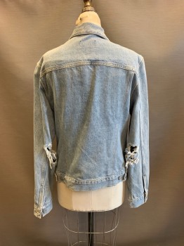 Womens, Jean Jacket, AGOLDE, Denim Blue, Cotton, M, C.A., Single Breasted, Button Front, 2 Breast Pockets, 2 Side Waist Pockets, Purposely Distressed Elbow