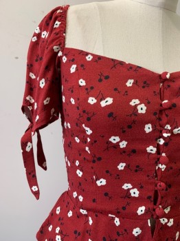 Reformation, Red, White, Black, Viscose, Rayon, Floral, Short Sleeves with Ties, V Neck, Button Front, Scrunched Back, Flowy Bottom Trim