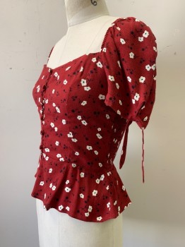 Reformation, Red, White, Black, Viscose, Rayon, Floral, Short Sleeves with Ties, V Neck, Button Front, Scrunched Back, Flowy Bottom Trim