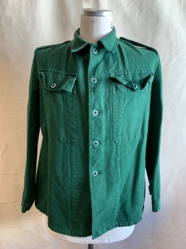 N/L, Dk Green, Cotton, Solid, Twill, Button Front, Collar Attached, Epaulets, 2 Large Flap Pockets, Drawstring Interior Back Waist, Brass Hooks at Back Waist Tabs, Button Cuffs